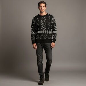 Vintage Nino Foriero Black & Gray Patterned Knit Men’s Sweater size Large